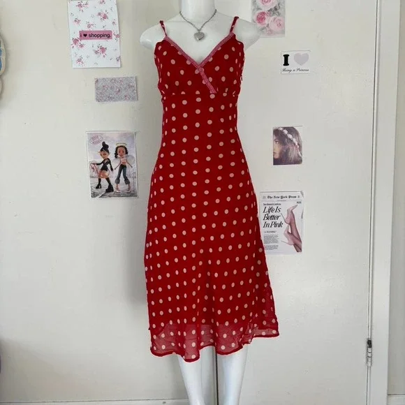 Vera Moda 90s Red Polka Dot Lace Trim Midi Slip Dress Small - Picture 5 of 7